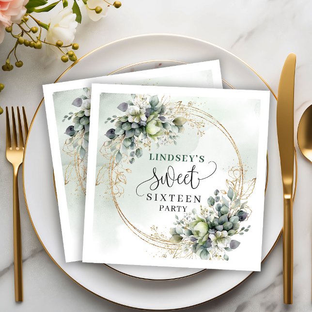 Servilleta De Papel Fiesta de Dulces Dieciséis Boho Dusty Green Eucaly (Boho Dusty Green Eucalyptus Sweet Sixteen Party Napkins)