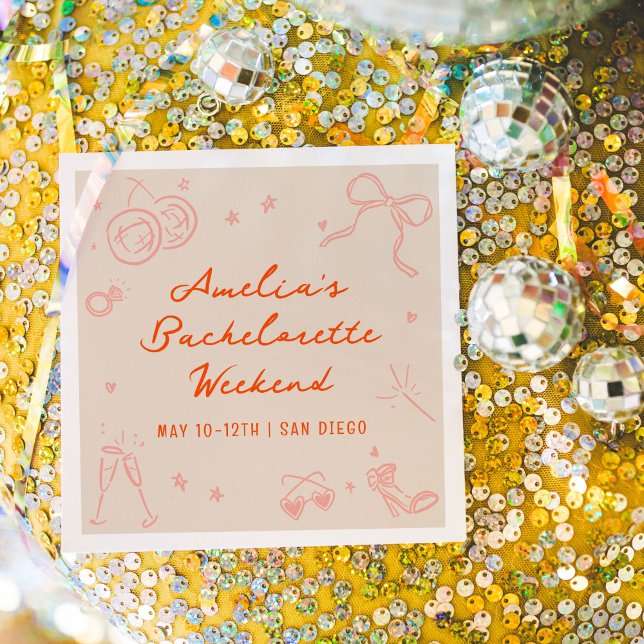 Servilleta De Papel Fiesta de fin de semana de Bachelorette para bocet (Pink and red hand drawn sketch girly icon illustrations bachelorette party napkins.)