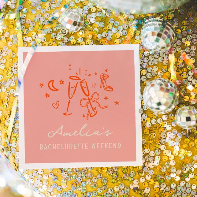 Servilleta De Papel Fiesta de fin de semana de despedida de soltera co (Pink and red hand drawn sketch girly icon illustrations bachelorette party napkins.)