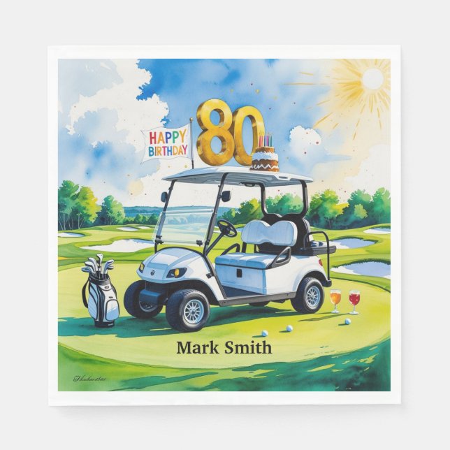 Servilleta De Papel Fiesta de golf 80th Birthday con carrito de golf e (Anverso)