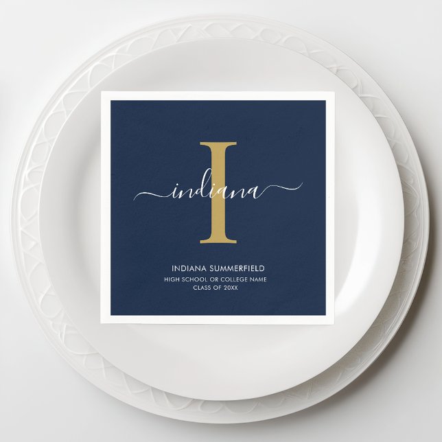 Servilleta De Papel Fiesta de Graduación 2025 Monograma Script Name Gr (Monogram Script Graduation Navy Blue Paper Napkin)