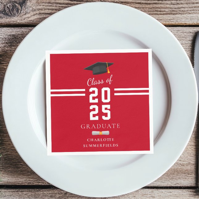 Servilleta De Papel Fiesta de Graduación 2026 Papel (Graduation 2025 Red White Stripes Party Paper Napkin)