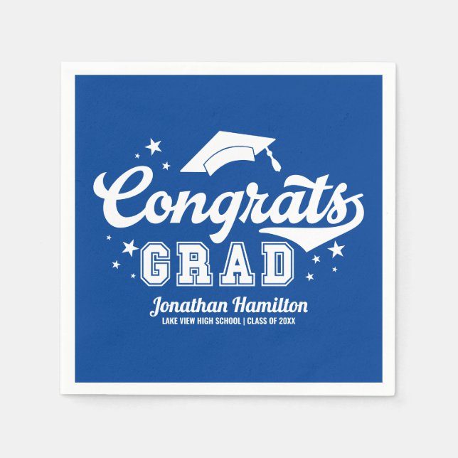 Servilleta De Papel Fiesta de Graduación Azul Felicidades Graduado  (Anverso)