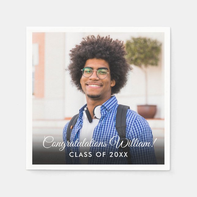 Servilleta De Papel Fiesta de Graduación con Foto de Escritura Moderna (Anverso)