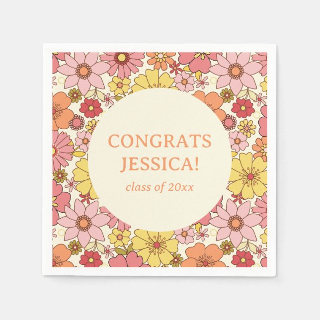 Servilleta De Papel Fiesta de Graduación Retro Rosa Amarillo Floral Gr (Anverso)
