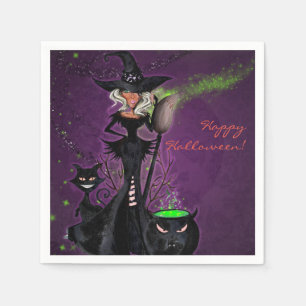 Servilleta De Papel Fiesta de Halloween Bruja Glam en Negro Verde Purp