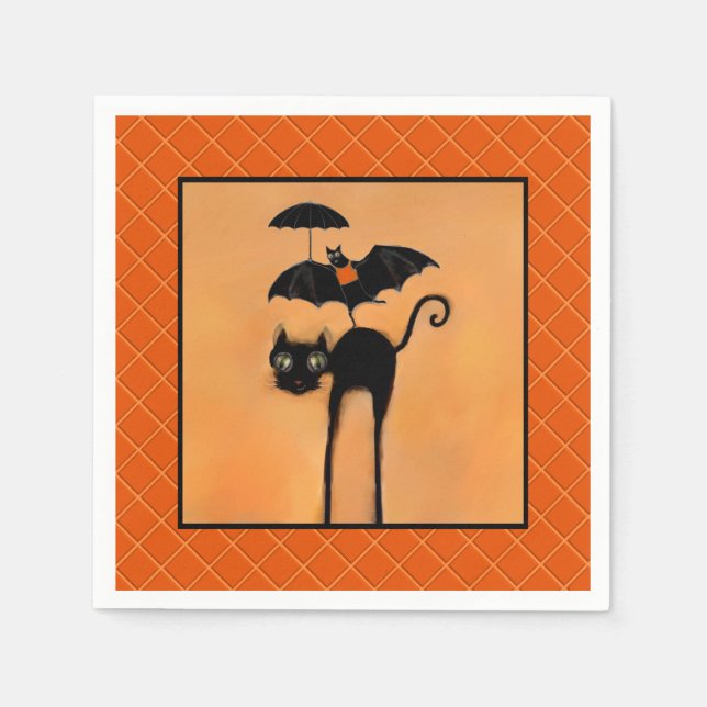 Servilleta De Papel Fiesta de Halloween Gato Negro y Murciélago (Anverso)