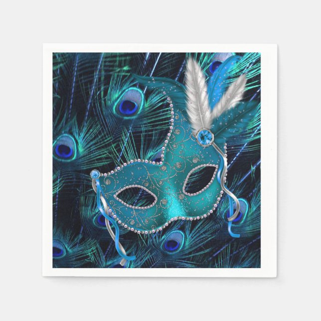 Servilleta De Papel Fiesta de Máscaras de Pavo Real Azul Turquesa (Anverso)