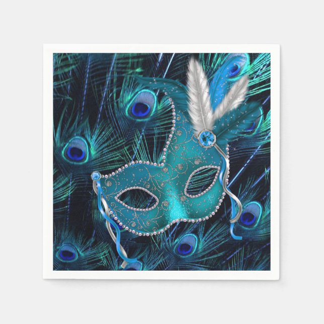 Servilleta De Papel Fiesta de Máscaras de Pavo Real Azul Turquesa (Anverso)