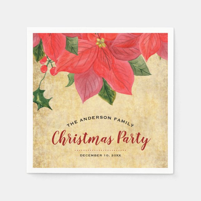 Servilleta De Papel Fiesta de Navidad con Poinsettia Acuarela Rústica (Anverso)