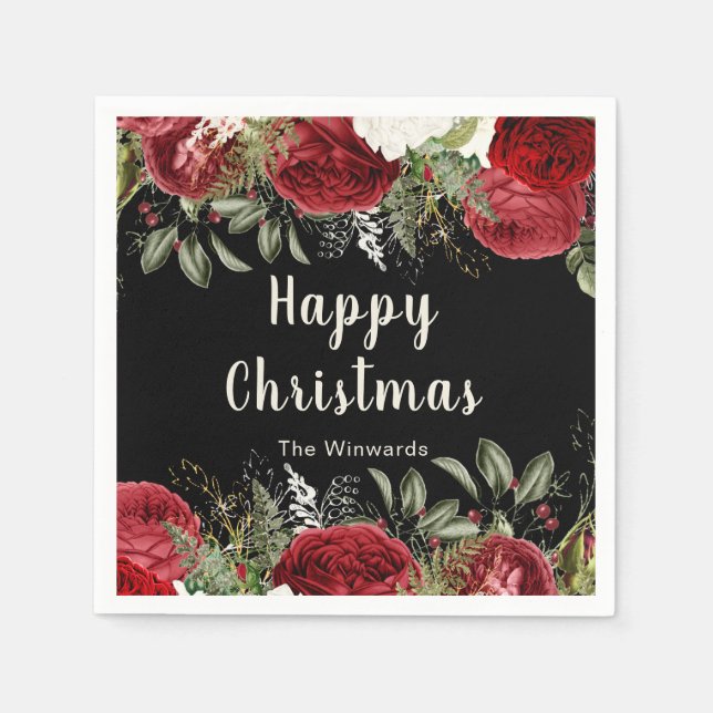 Servilleta De Papel Fiesta de Navidad elegante con flores rojas (Anverso)