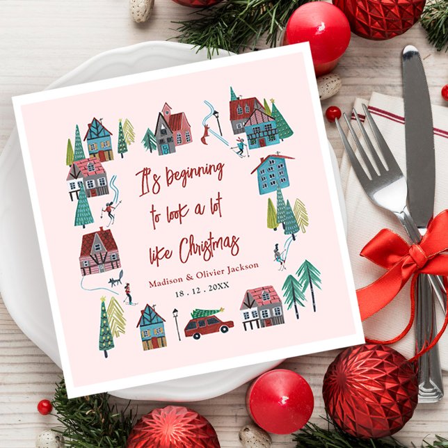 Servilleta De Papel Fiesta de Navidades de aldeas rosadas (Cute Pink Village Christmas Party Napkins)