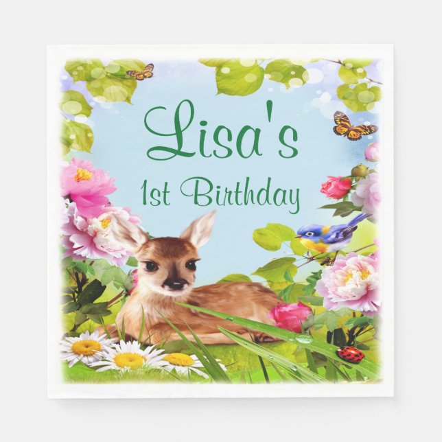 Servilleta De Papel Fiesta de primer cumpleaños de Cute Woodland Deer (Anverso)