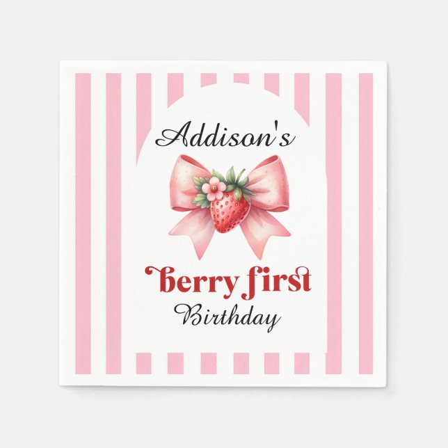 Servilleta De Papel Fiesta de primer cumpleaños de Strawberry Coquette (Anverso)