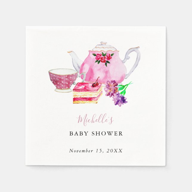 Servilleta De Papel Fiesta de té de Baby Shower Dusty Rosa Teapot (Anverso)