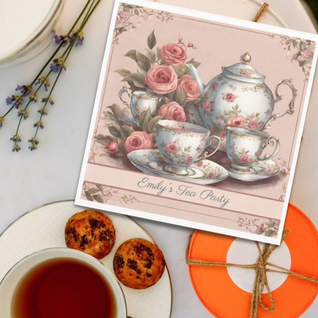 Servilleta De Papel Fiesta de té de cumpleaños con flores rosadas vint (Vintage Pink Floral Garden Birthday Tea Party Napkins)