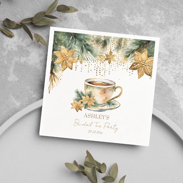 Servilleta De Papel Fiesta de té de desposada de invierno de Navidad b (Boho Christmas winter bridal shower tea party tableware personalized Napkins pines gold poinsettia)