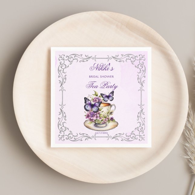 Servilleta De Papel Fiesta de té nupcial victoriana de mariposas púrpu (Purple butterflies Victorian bridal shower tea party printed Napkins personalized tableware decor)