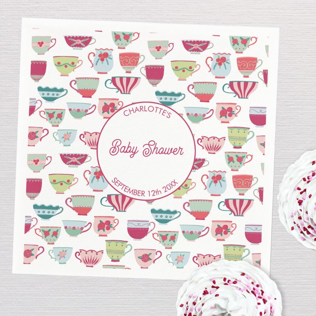Servilleta De Papel Fiesta de té retro Baby Shower personalizado (Modern retro teacup baby shower tea party personalized paper napkins)