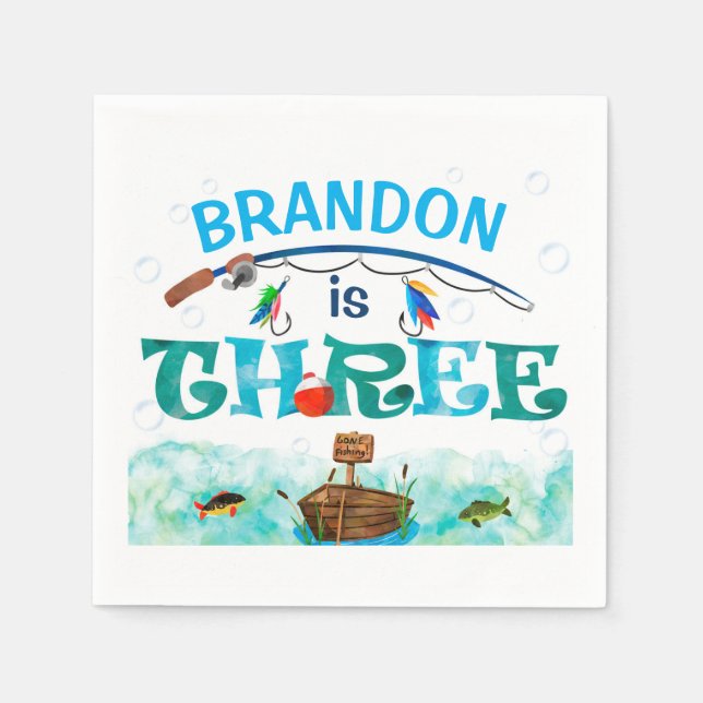 Servilleta De Papel Fiesta de tercer cumpleaños con temática de pesca  (Anverso)