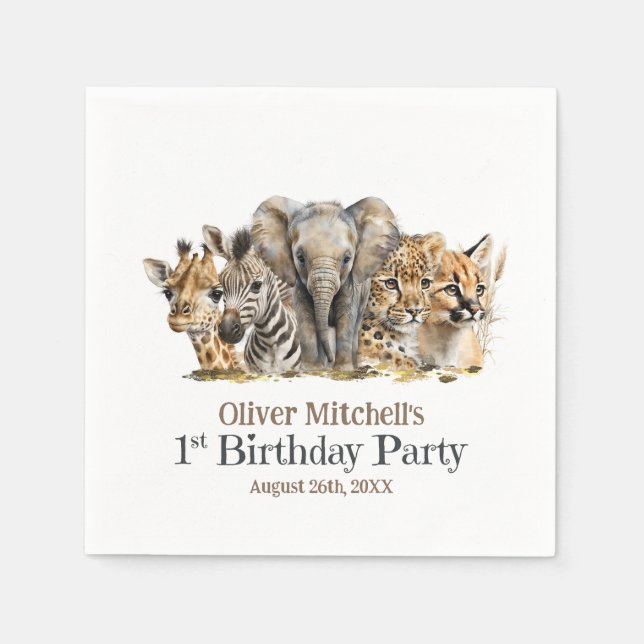 Servilleta De Papel Fiesta del primer cumpleaños de animales africanos (Anverso)