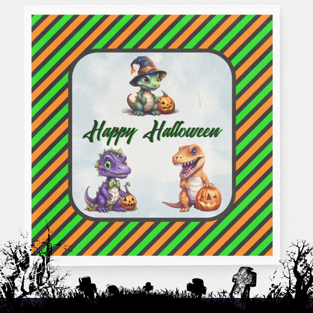Servilleta De Papel Fiesta Dino-Mash de los dinosaurios de Halloween (Halloween Dino Napkins in Green and Orange Stripe)