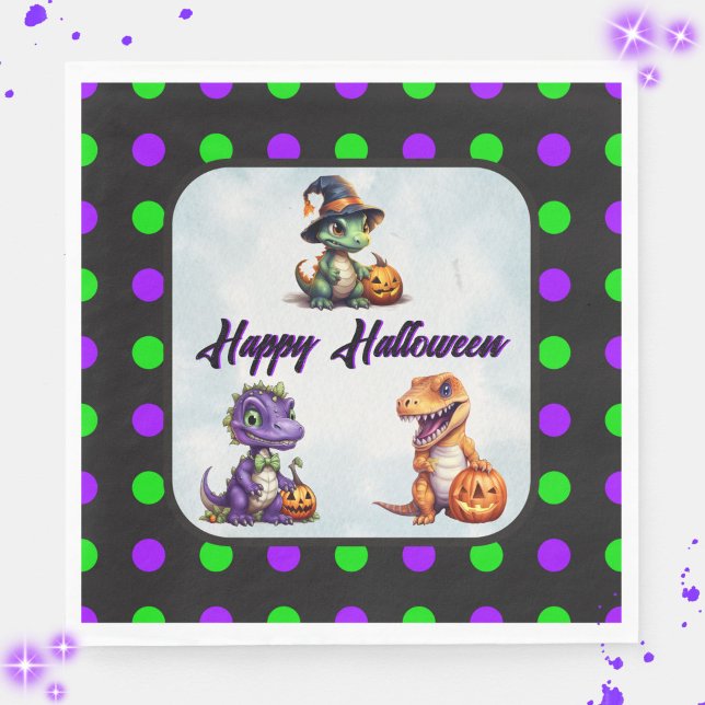 Servilleta De Papel Fiesta Dino-Mash de los dinosaurios de Halloween (Happy Halloween Dino Napkins with Purple Font)