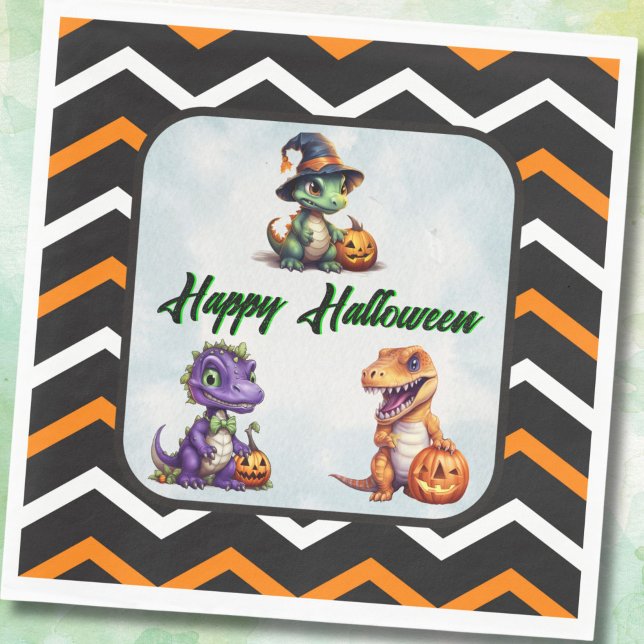 Servilleta De Papel Fiesta Dino-Mash de los dinosaurios de Halloween (Halloween Dino Party Napkins with Chevron Stripes)