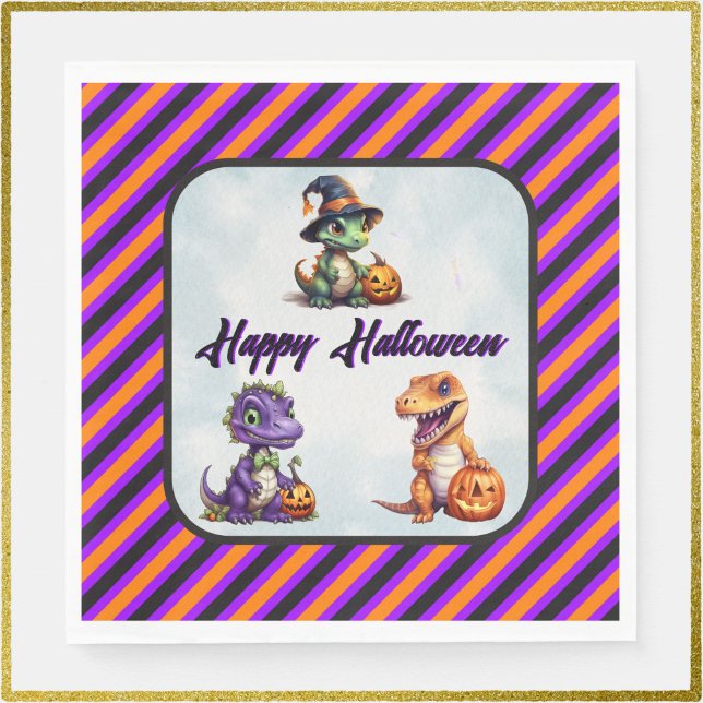 Servilleta De Papel Fiesta Dino-Mash de los dinosaurios de Halloween (Triple Dino Happy Halloween Napkins with Purple font)