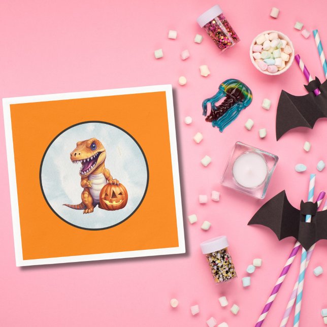 Servilleta De Papel Fiesta Dino-Mash de los dinosaurios de Halloween (Dinosaur Halloween Orange Party Napkins)