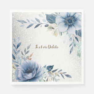 Servilleta De Papel Fiesta Dusty Blue Watercolor Flores Plateadas Eleg
