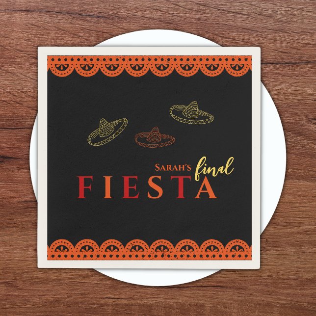 Servilleta De Papel Fiesta Final Bachelorette Mexicana (Final fiesta mexican bachelorette party napkins sombreros and papel picado red, orange and yellow)