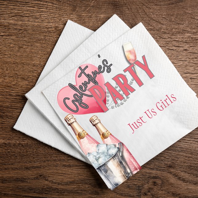 Servilleta De Papel Fiesta Galentine con champán rosa y cubo de hielo (Galentine party napkins with pink proseco and cute ice bucket that match your invites.)