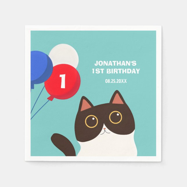 Servilleta De Papel Fiesta Gato Guay Balón Niños Cumpleaños (Anverso)