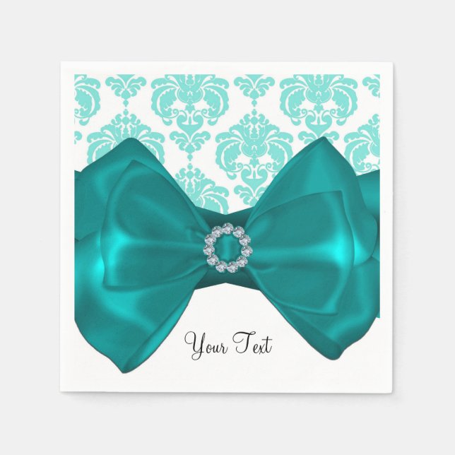 Servilleta De Papel Fiesta Glam Teal y Blanco Damask Brillo Lazo Dulce (Anverso)