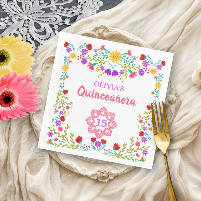 Servilleta De Papel Fiesta mexicana Quinceanera cumple 15 años (15th birthday napkins from my Mexican Fiesta Flowers Quinceanera Collection)