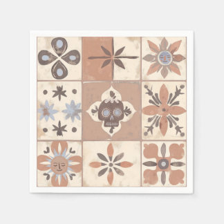 Servilleta De Papel Fiesta mexicana Talavera Tile Neutral Skull Sun