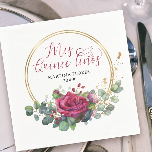 Servilleta De Papel Fiesta Mis Quince Anos Red Rose y Eucalyptus (Elegant Mis Quince Anos napkins with elegant red rose floral arrangement in gold frame.)
