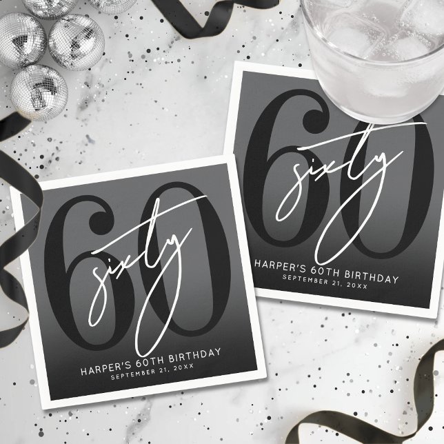 Servilleta De Papel Fiesta moderna de cumpleaños número 60 de negro (Modern Black 60th Birthday Party Napkins)