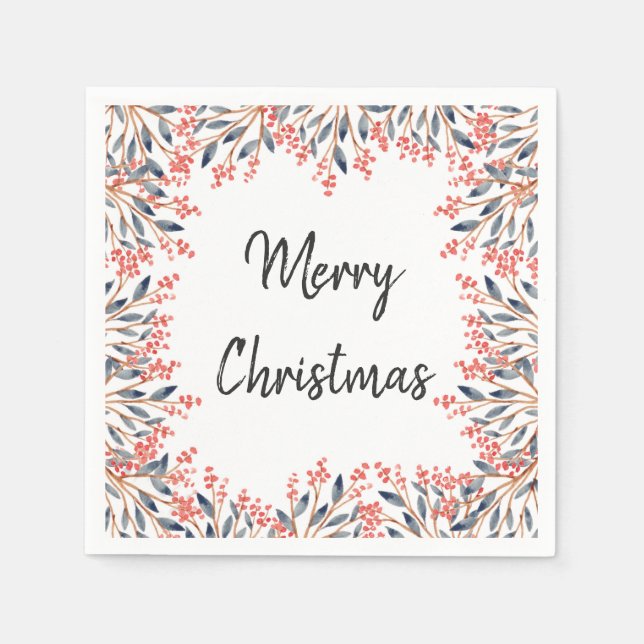 Servilleta De Papel Fiesta Navideña Rojo Acuarela Bayas Hojas de Invie (Anverso)