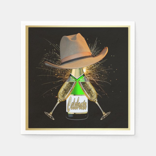Servilleta De Papel Fiesta occidental Cowboy Gorra Champagne Frieworks (Anverso)