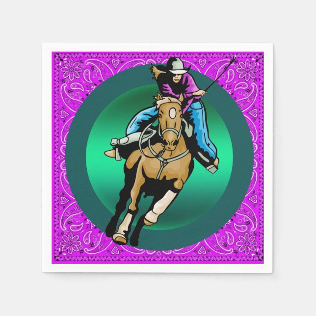 Servilleta De Papel Fiesta occidental Vaquera Montando Caballo Morado  (Anverso)