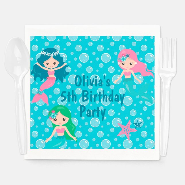 Servilleta De Papel Fiesta Océano Personalizado de cumpleaños de Siren (Mermaid Birthday Party Personalized Kids Napkins
)
