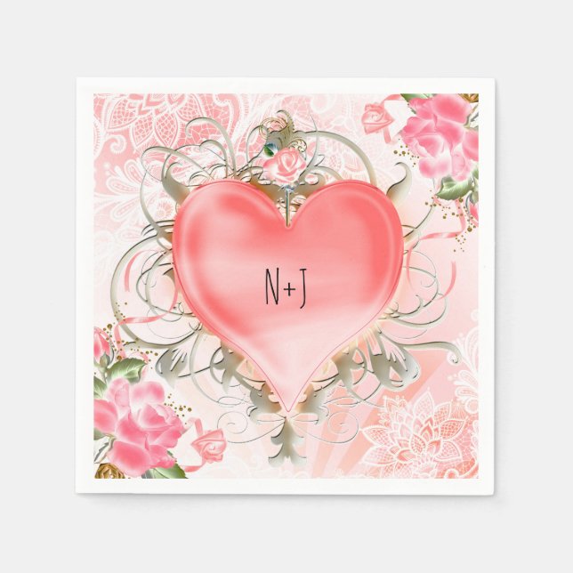 Servilleta De Papel Fiesta Ornamental Elegante Floral Corazón Peach (Anverso)