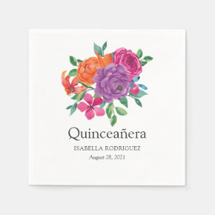 Servilleta De Papel Fiesta Quinceañera Floral Acuarela
