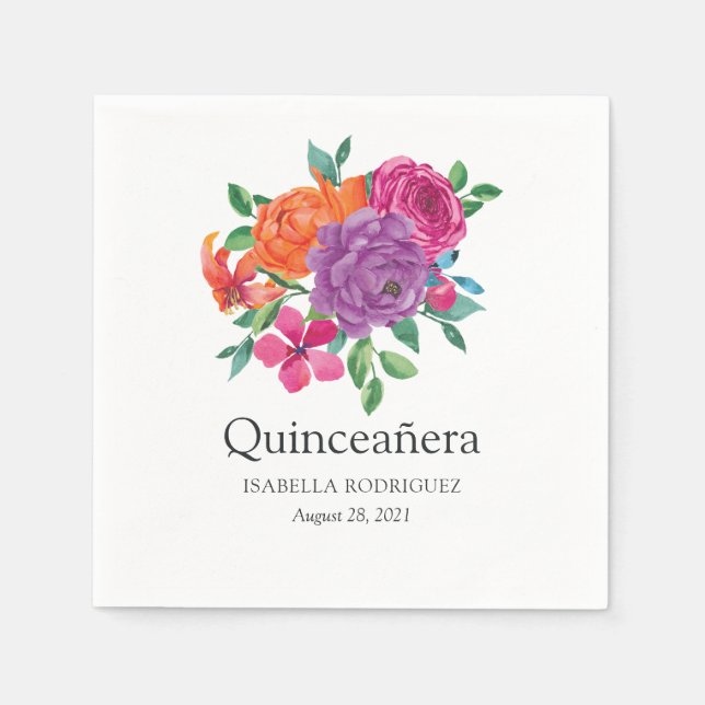 Servilleta De Papel Fiesta Quinceañera Floral Acuarela (Anverso)