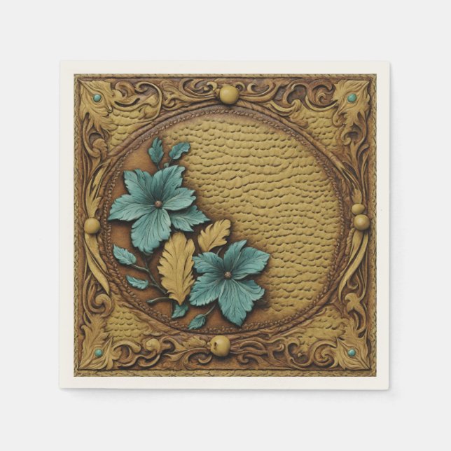 Servilleta De Papel Fiesta Vaquera Rústica Turquesa Marrón  (Anverso)