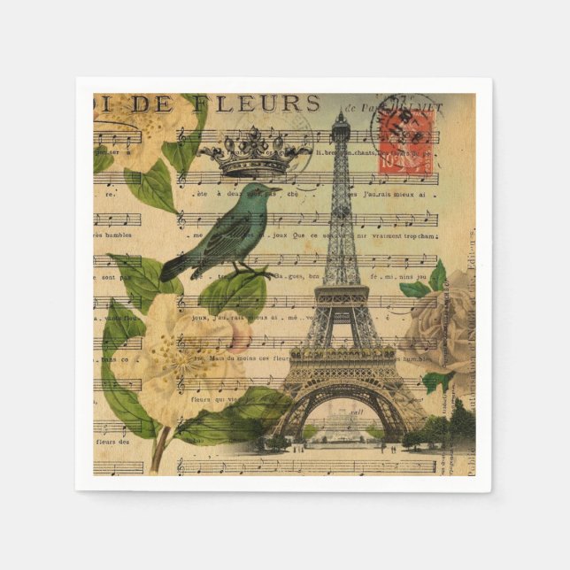 Servilleta De Papel Fiesta Vintage París Torre Eiffel Botánico Francés (Anverso)
