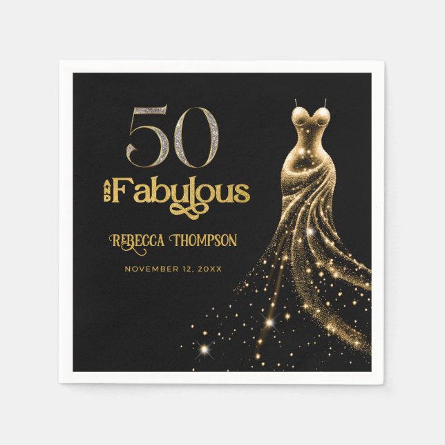 Servilleta De Papel Fifty and Fabulous Gold Dress Black 50th Birthday (Anverso)