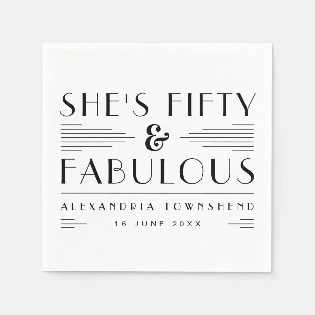 Servilleta De Papel Fifty & Fabulous Art Deco Name Date 50th Birthday (Anverso)